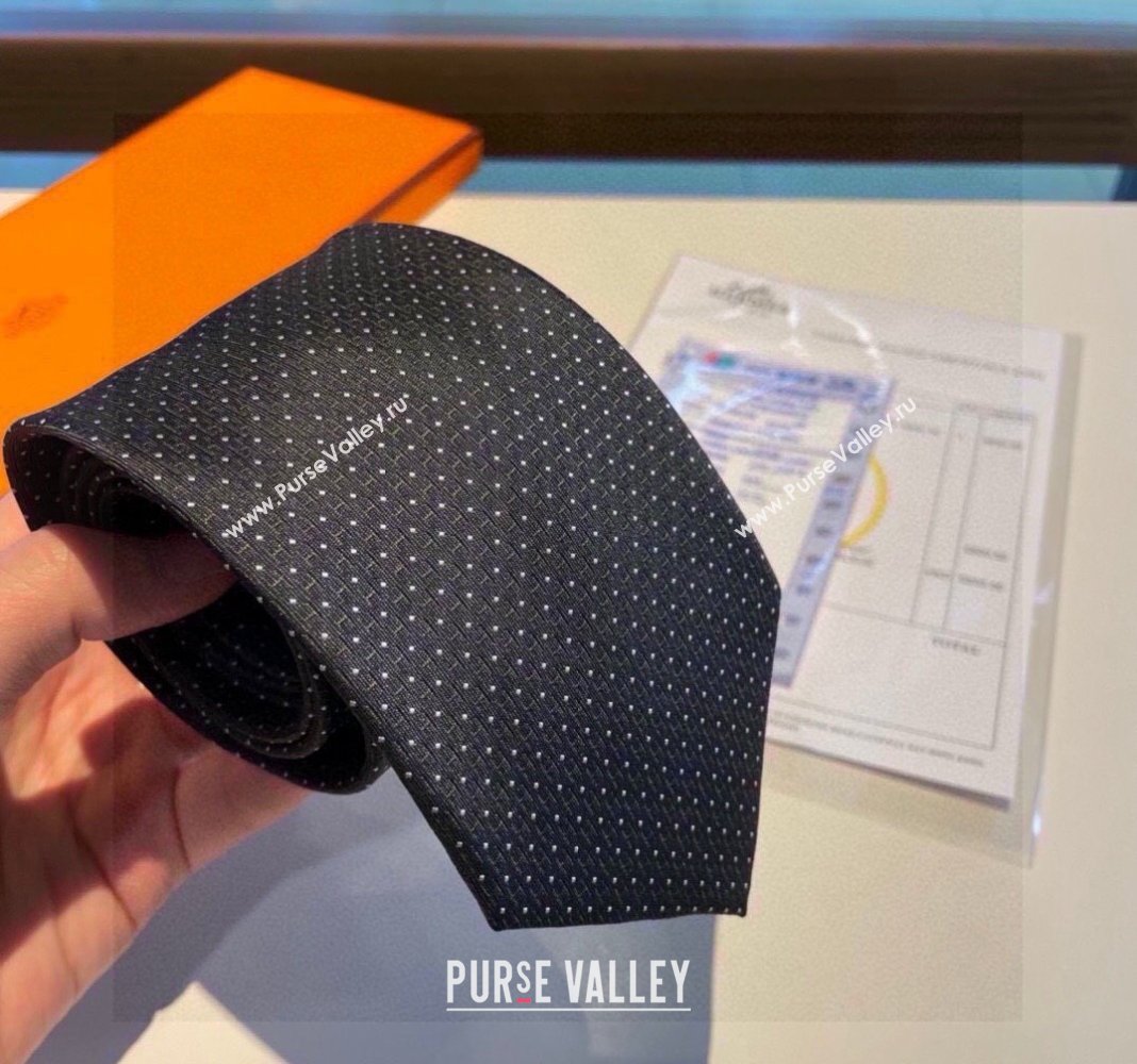 Hermes H Dots Silk Tie Black 2024 030401 (XMN-240304103)