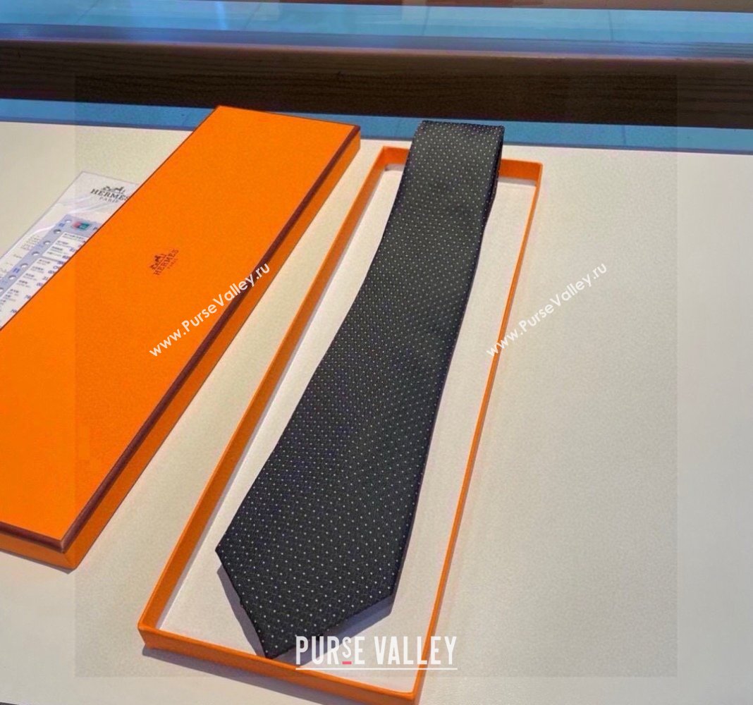 Hermes H Dots Silk Tie Black 2024 030401 (XMN-240304103)