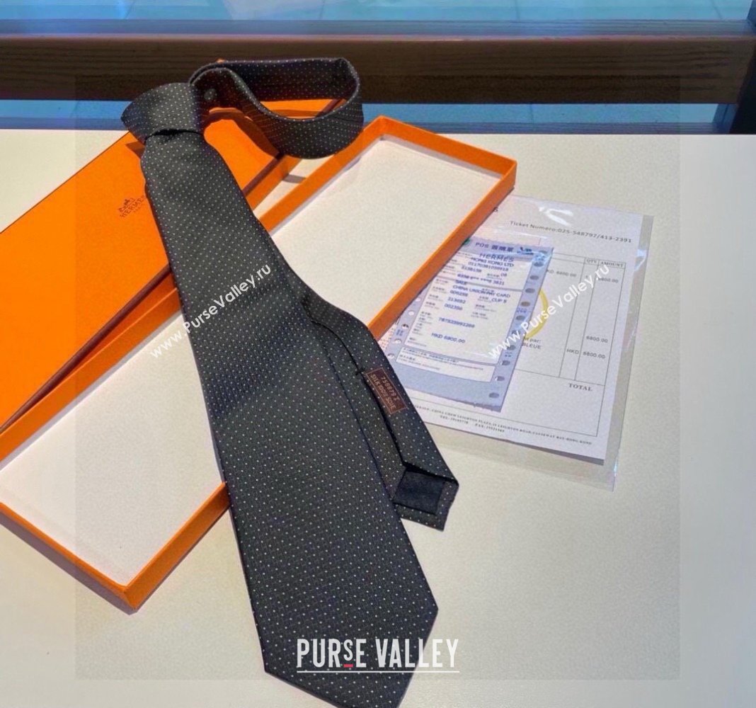 Hermes H Dots Silk Tie Black 2024 030401 (XMN-240304103)