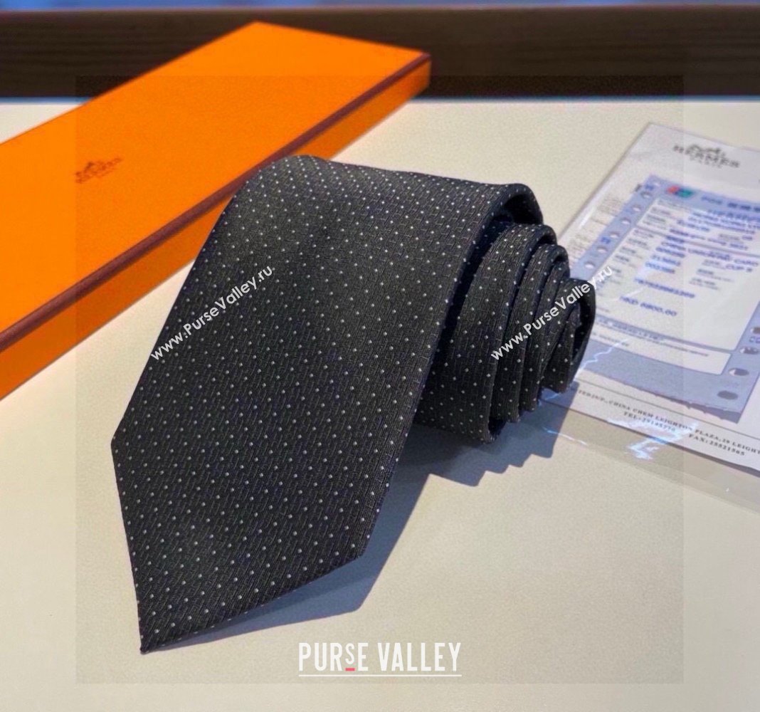 Hermes H Dots Silk Tie Black 2024 030401 (XMN-240304103)