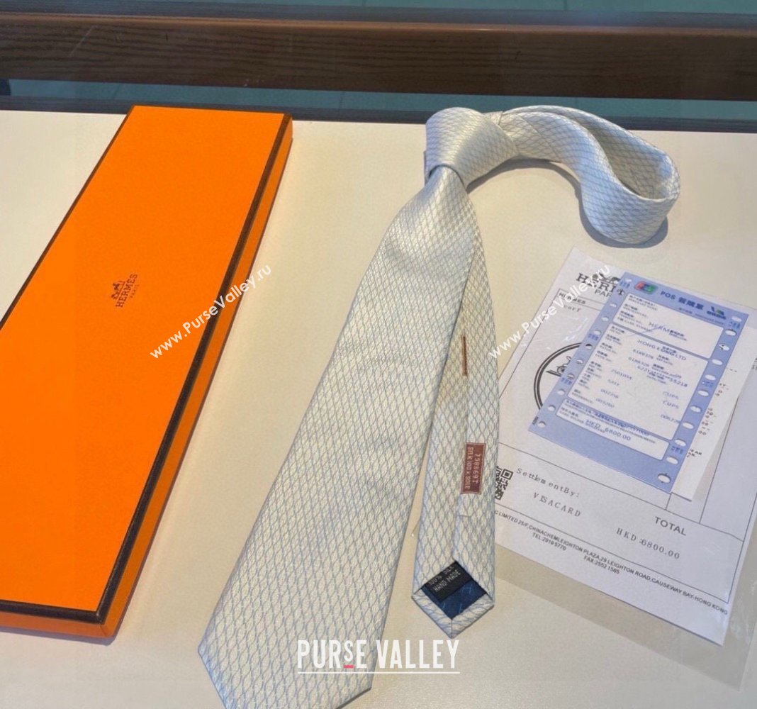 Hermes Quilted Silk Tie White 2024 030401 (XMN-240304109)