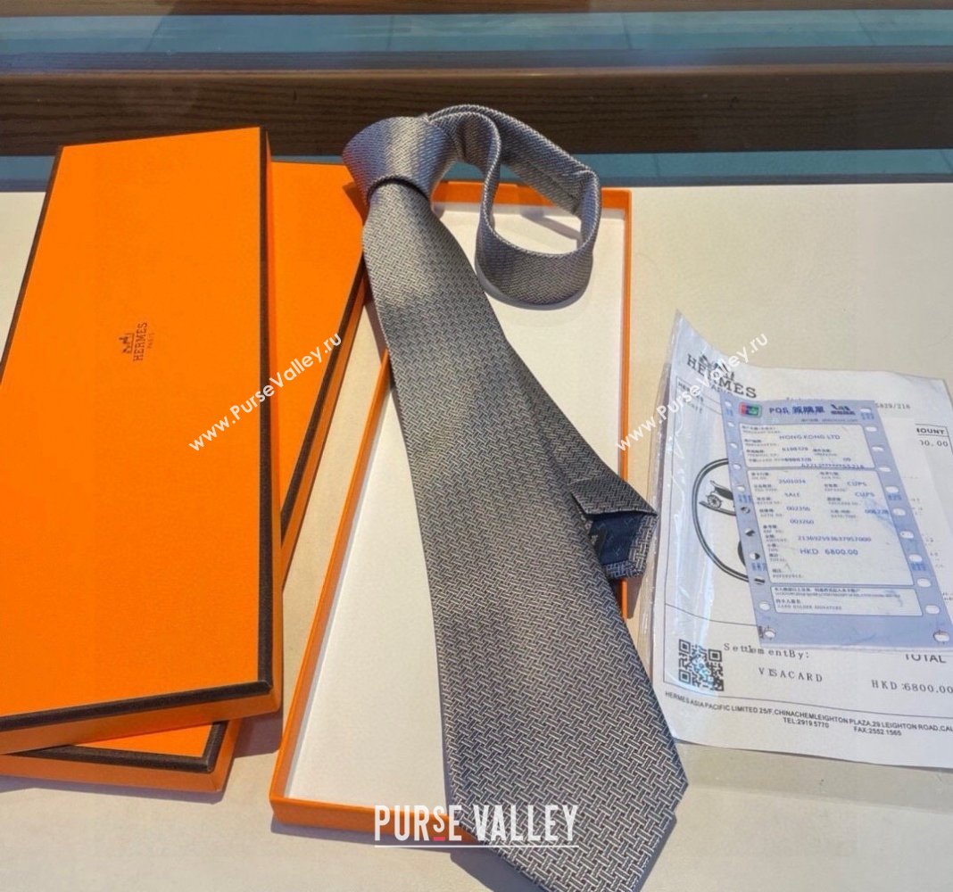 Hermes H Striped Silk Tie Grey 2024 030401 (XMN-240304117)