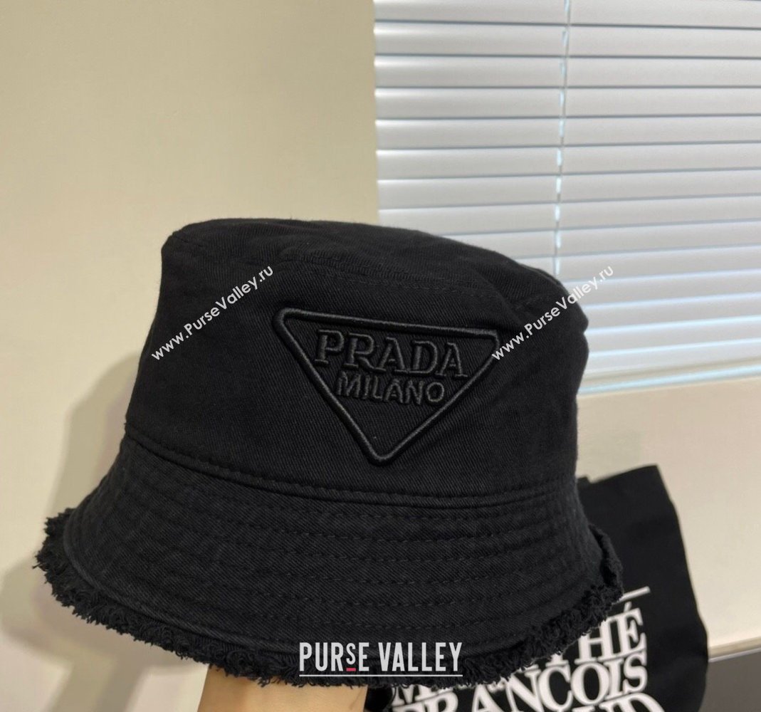 Prada Canvas Bucket Hat with Fringe Black 2024 0302 (A-240302047)