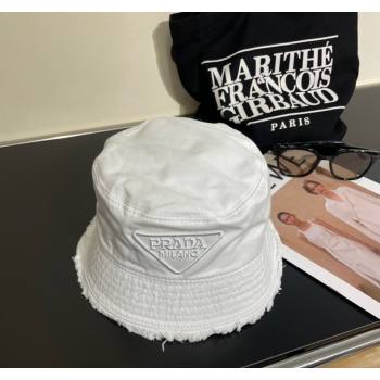 Prada Canvas Bucket Hat with Fringe White 2024 0302 (A-240302048)