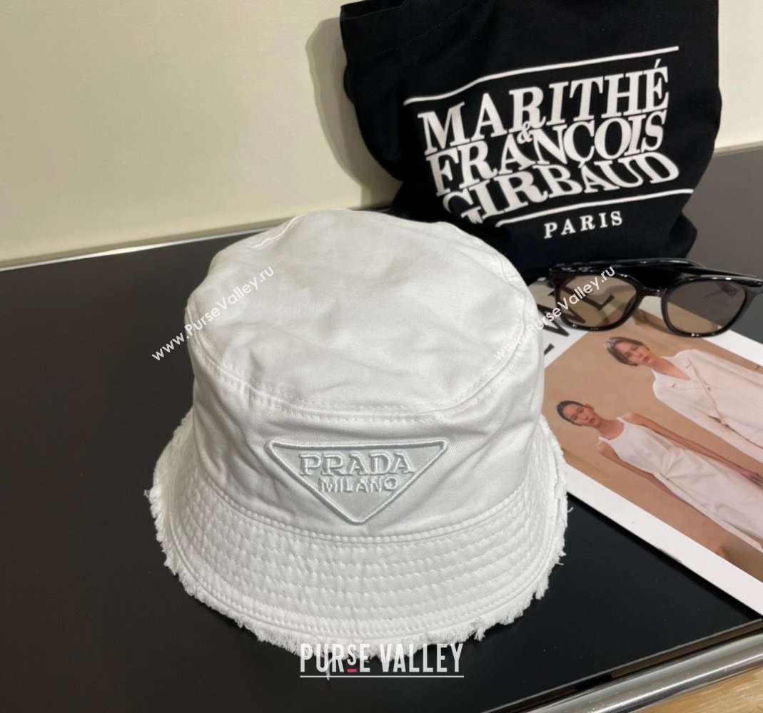 Prada Canvas Bucket Hat with Fringe White 2024 0302 (A-240302048)