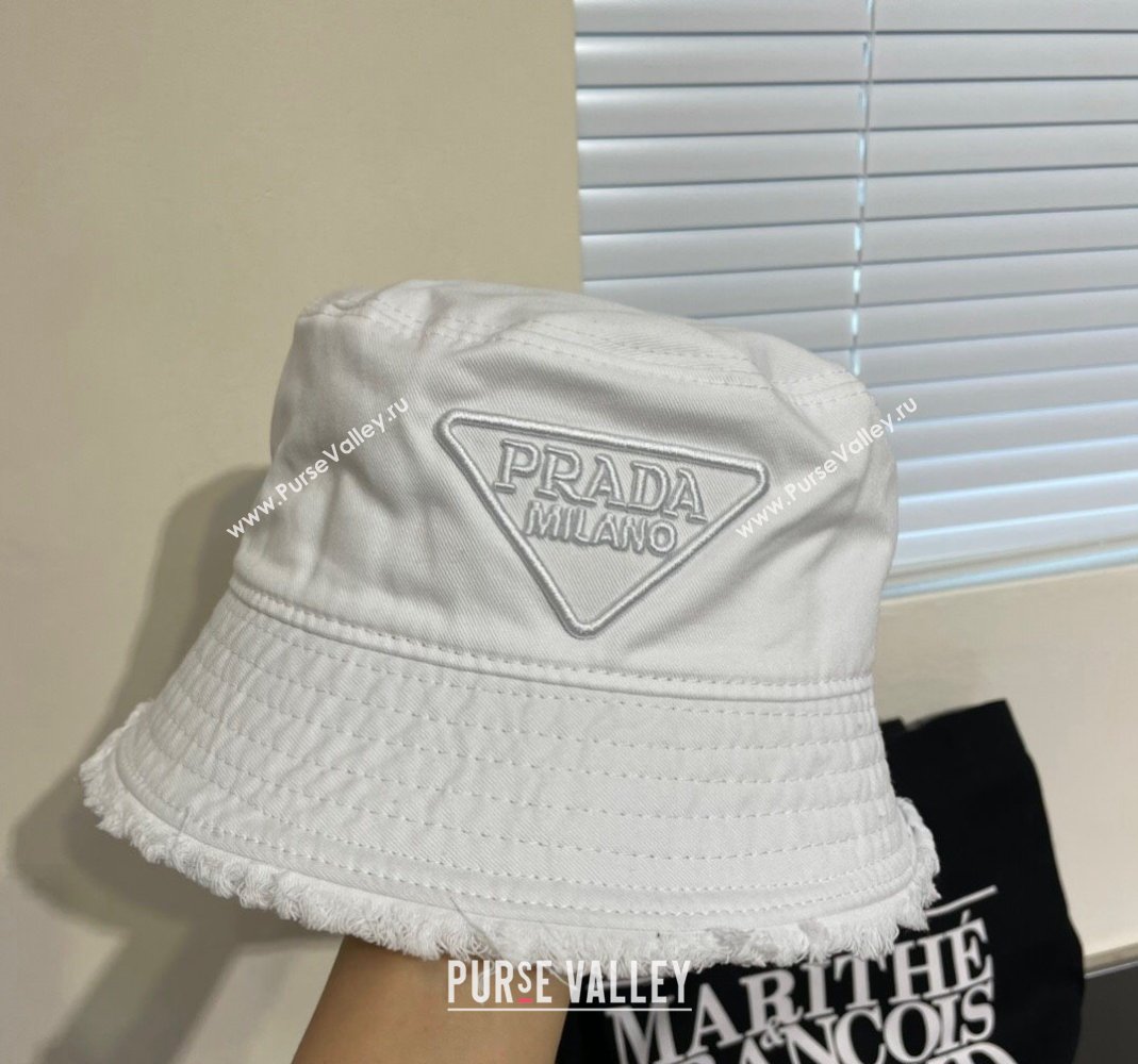 Prada Canvas Bucket Hat with Fringe White 2024 0302 (A-240302048)