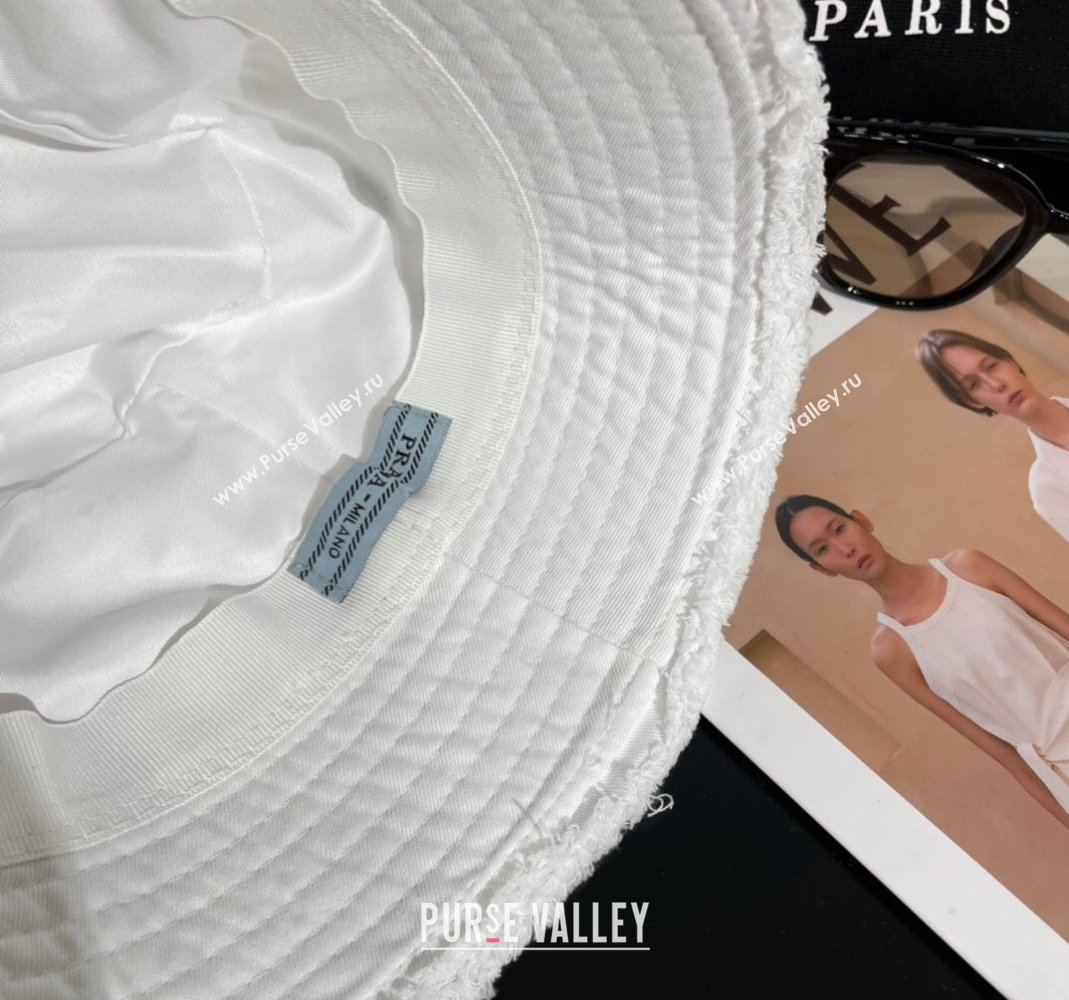 Prada Canvas Bucket Hat with Fringe White 2024 0302 (A-240302048)