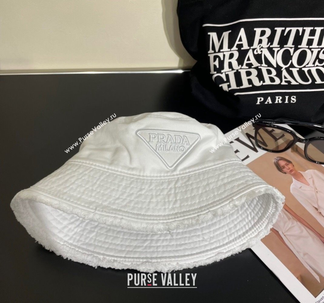 Prada Canvas Bucket Hat with Fringe White 2024 0302 (A-240302048)