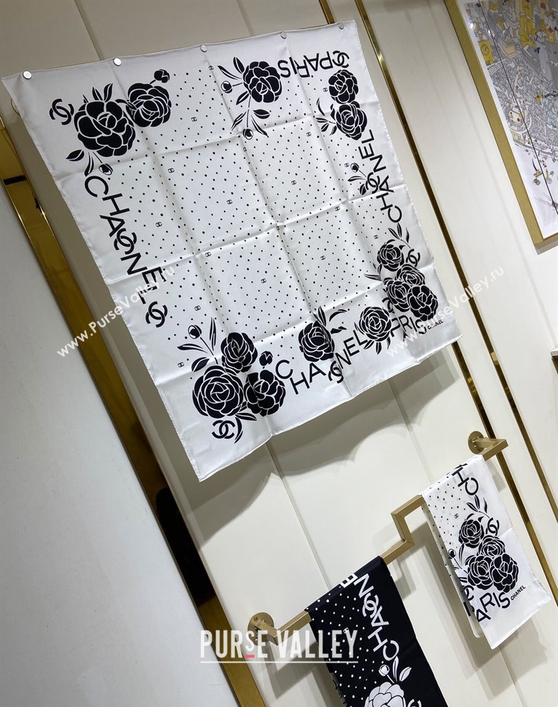 Chanel Camellia Silk Sqaure Scarf 90x90cm White 2024 0304 (A-240304056)