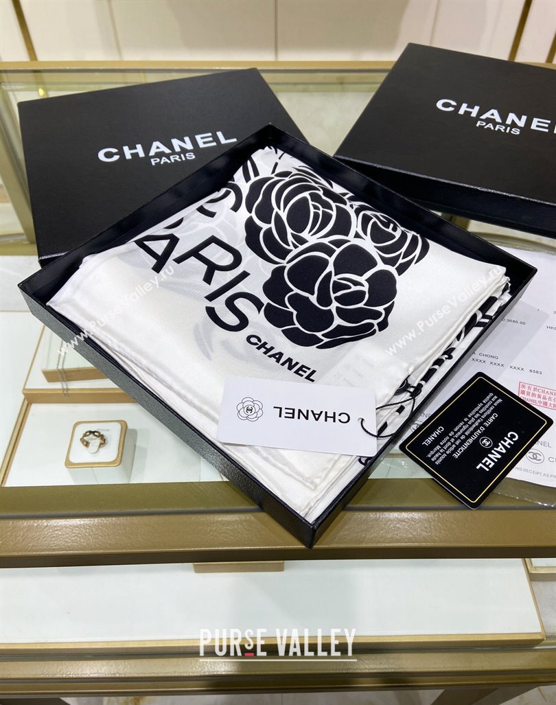 Chanel Camellia Silk Sqaure Scarf 90x90cm White 2024 0304 (A-240304056)