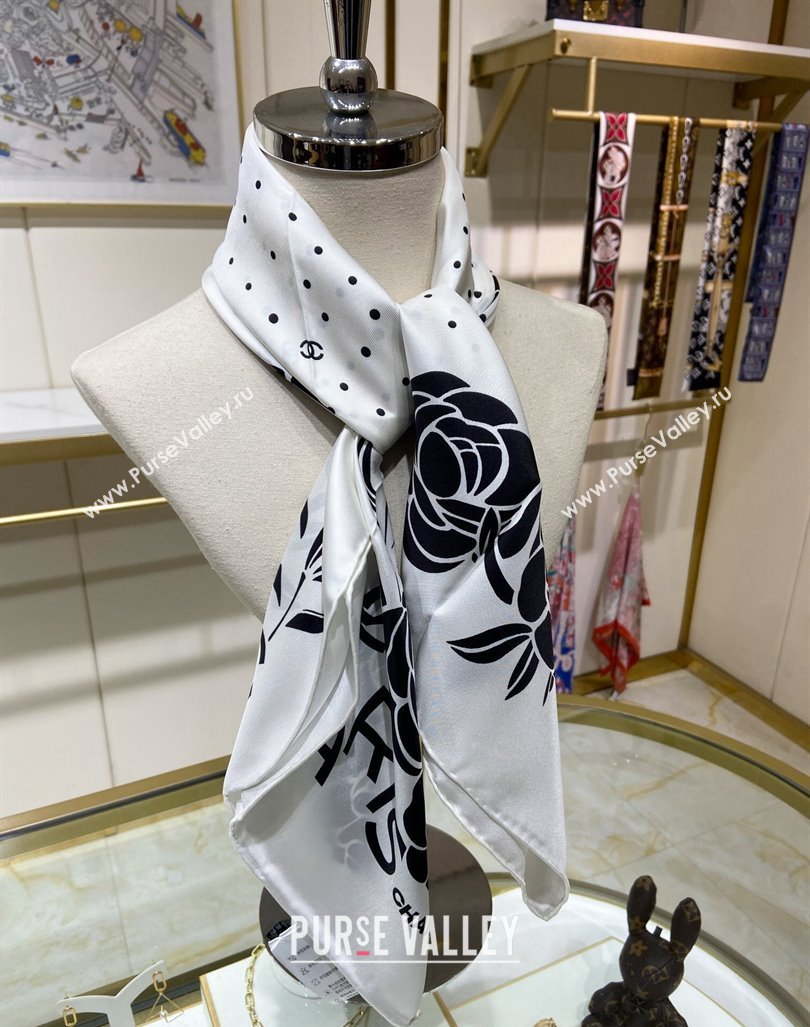 Chanel Camellia Silk Sqaure Scarf 90x90cm White 2024 0304 (A-240304056)