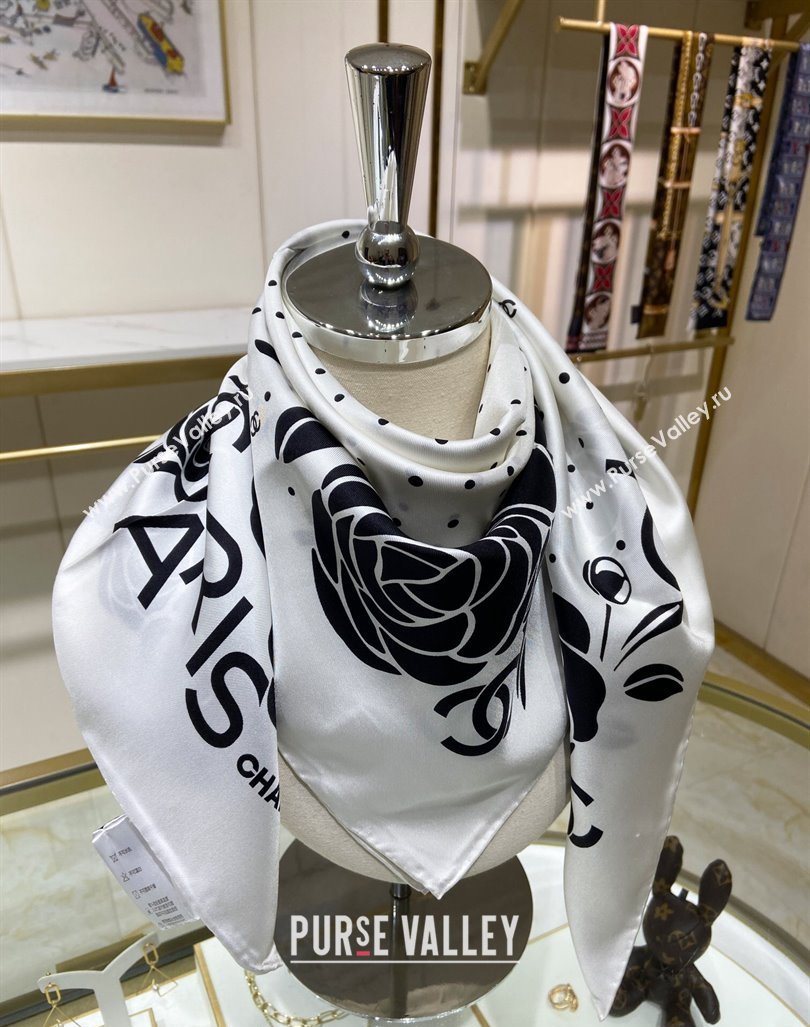Chanel Camellia Silk Sqaure Scarf 90x90cm White 2024 0304 (A-240304056)