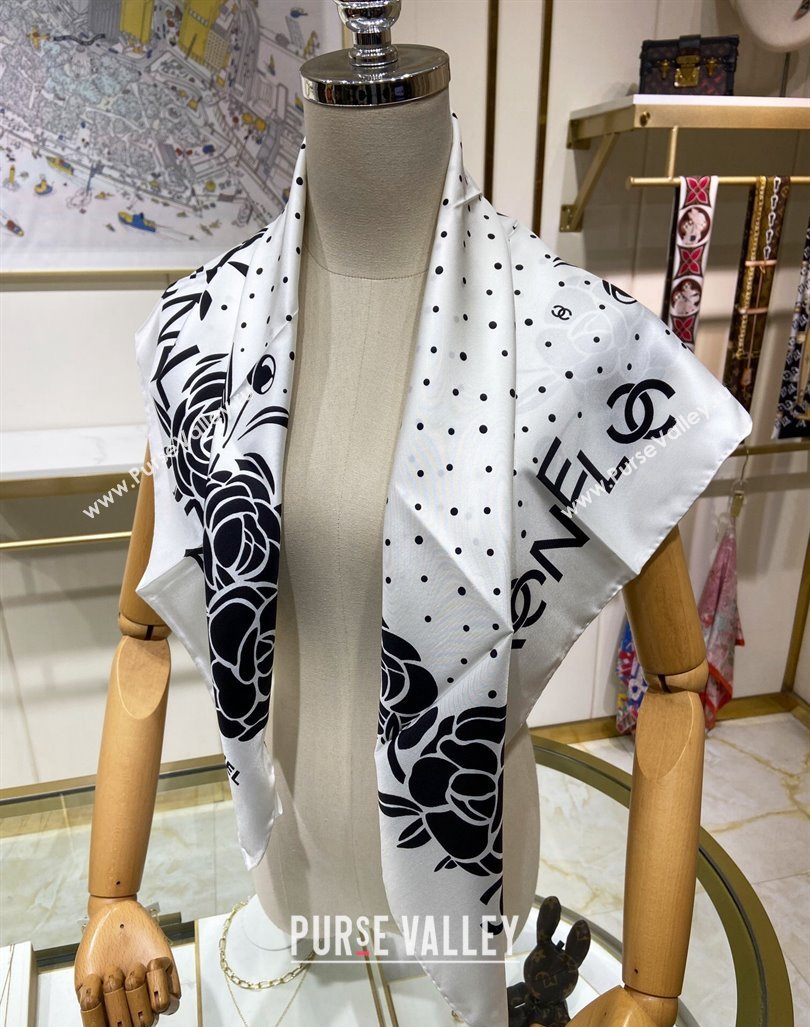 Chanel Camellia Silk Sqaure Scarf 90x90cm White 2024 0304 (A-240304056)