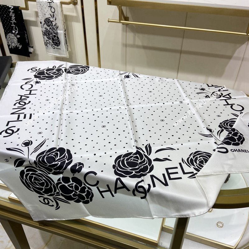 Chanel Camellia Silk Sqaure Scarf 90x90cm White 2024 0304 (A-240304056)