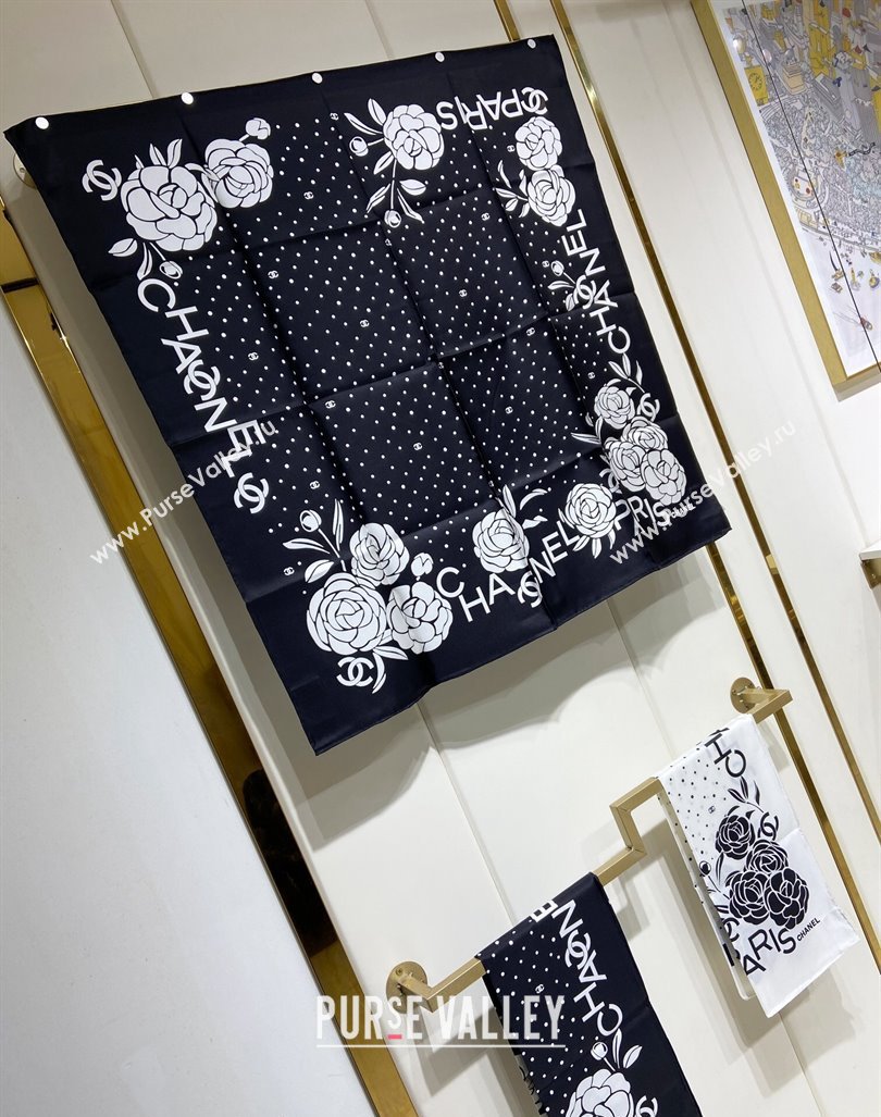 Chanel Camellia Silk Sqaure Scarf 90x90cm Black 2024 0304 (A-240304057)