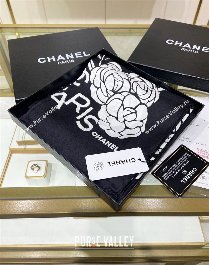 Chanel Camellia Silk Sqaure Scarf 90x90cm Black 2024 0304 (A-240304057)
