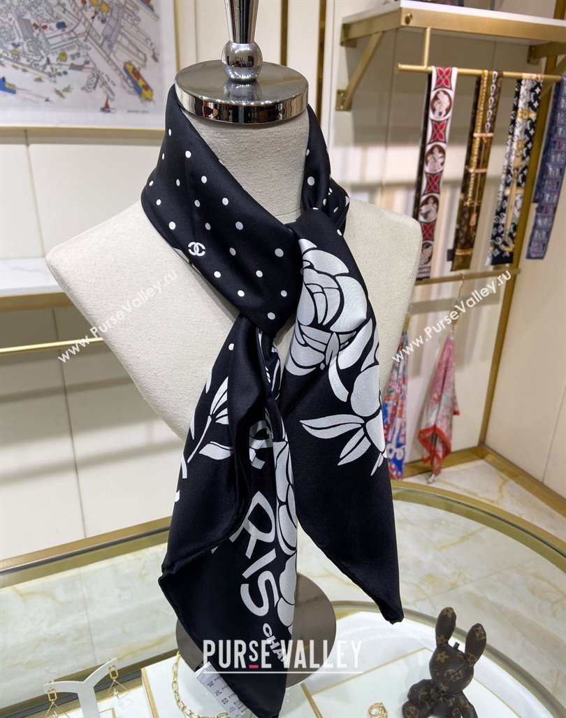 Chanel Camellia Silk Sqaure Scarf 90x90cm Black 2024 0304 (A-240304057)