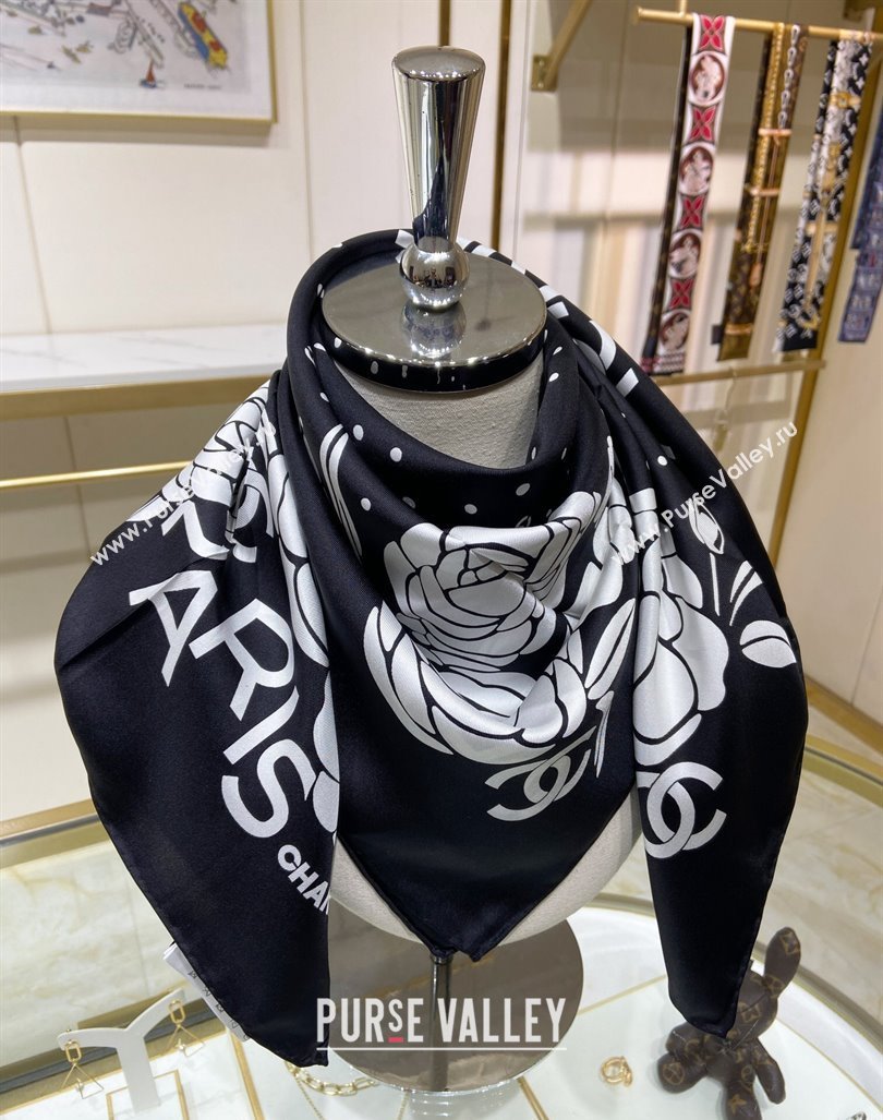 Chanel Camellia Silk Sqaure Scarf 90x90cm Black 2024 0304 (A-240304057)