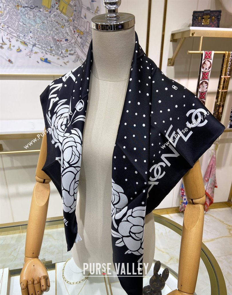 Chanel Camellia Silk Sqaure Scarf 90x90cm Black 2024 0304 (A-240304057)