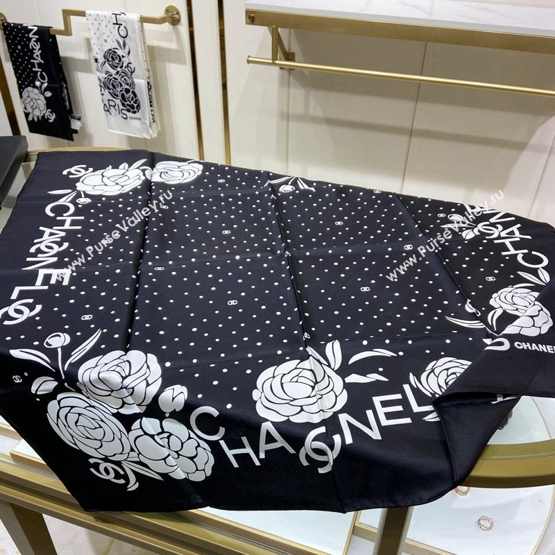 Chanel Camellia Silk Sqaure Scarf 90x90cm Black 2024 0304 (A-240304057)