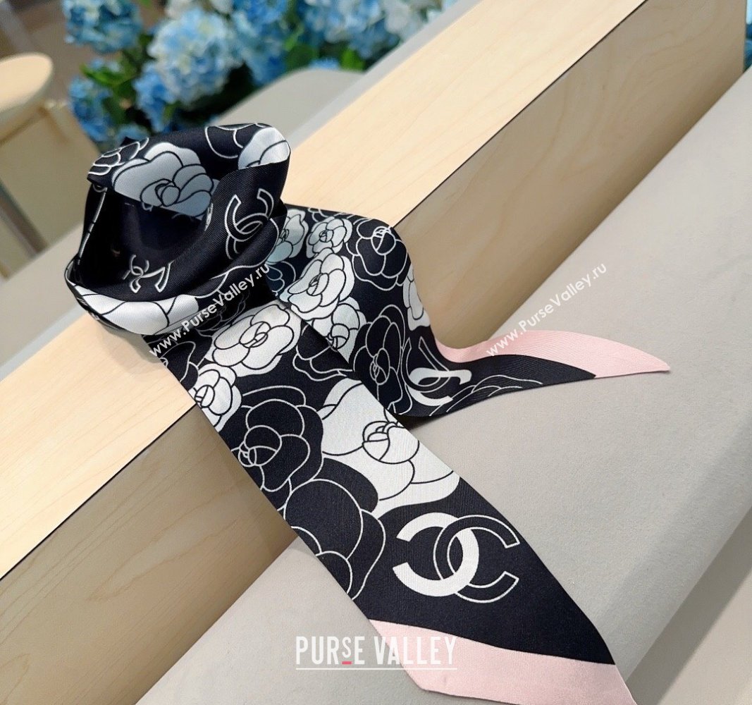Chanel Camellia Silk Bandeau Scarf 6x120cm Pink 2024 0304 (A-240304069)