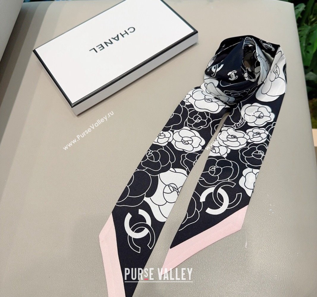 Chanel Camellia Silk Bandeau Scarf 6x120cm Pink 2024 0304 (A-240304069)