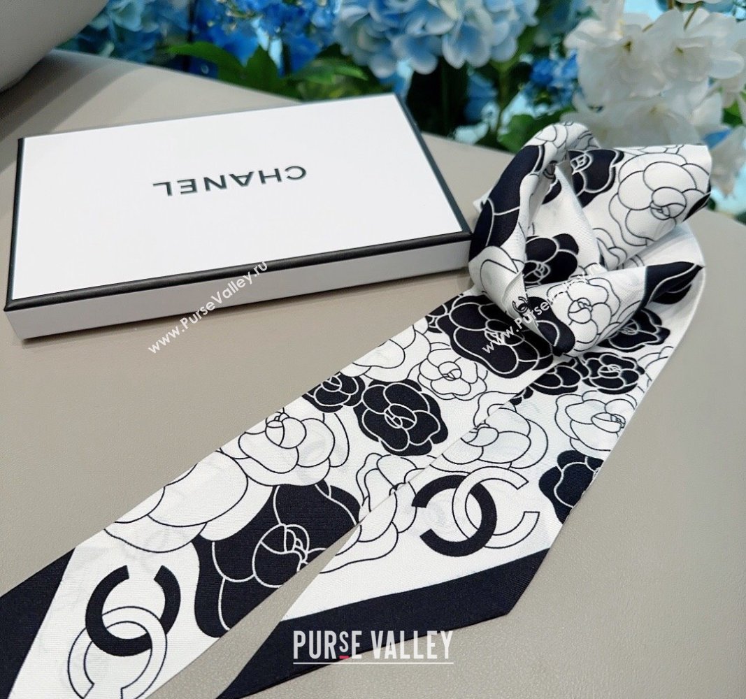 Chanel Camellia Silk Bandeau Scarf 6x120cm Black/White 2024 0304 (A-240304070)