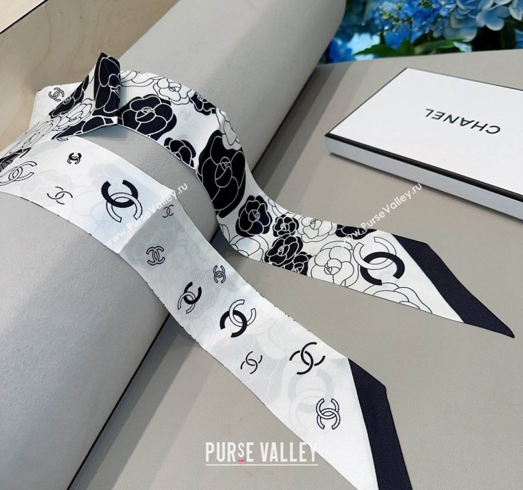 Chanel Camellia Silk Bandeau Scarf 6x120cm Black/White 2024 0304 (A-240304070)