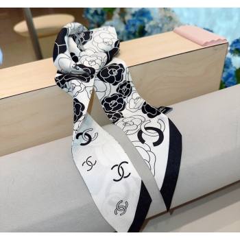 Chanel Camellia Silk Bandeau Scarf 6x120cm Black/White 2024 0304 (A-240304070)