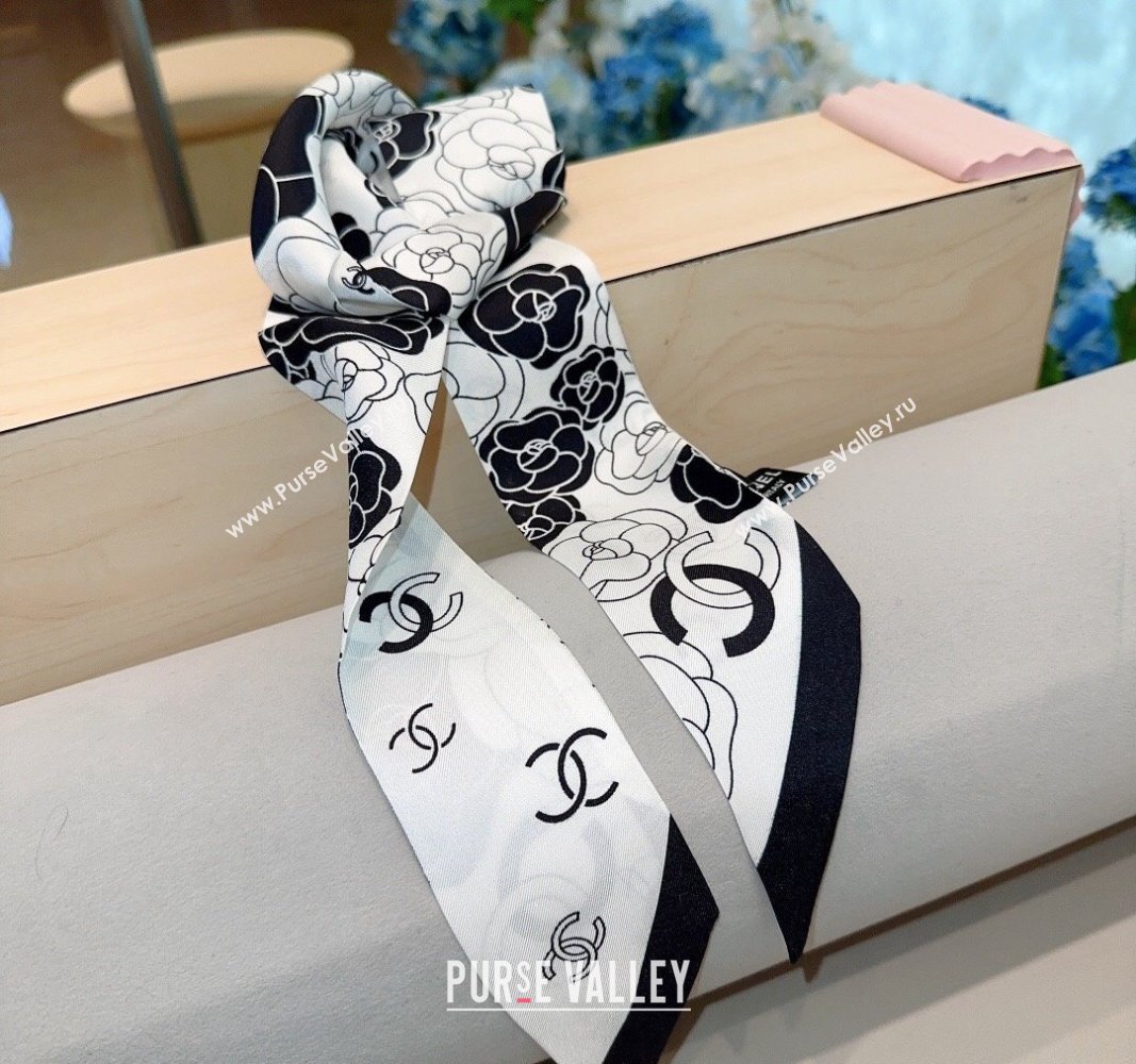 Chanel Camellia Silk Bandeau Scarf 6x120cm Black/White 2024 0304 (A-240304070)
