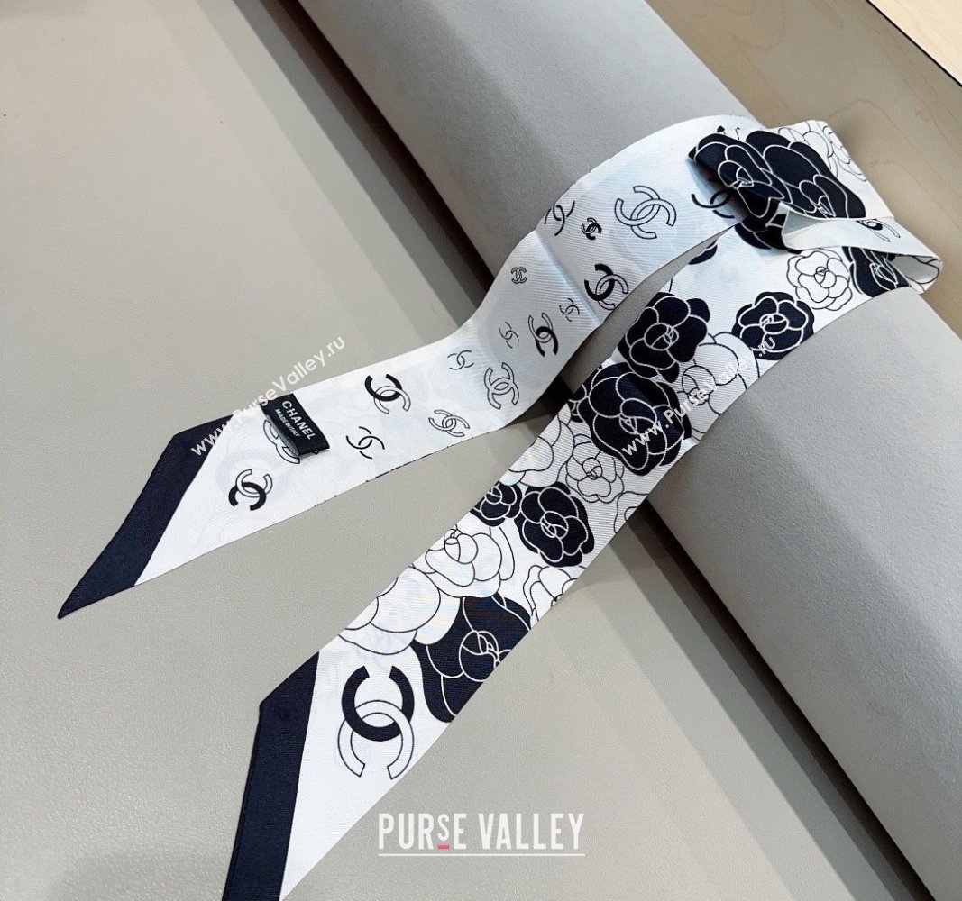 Chanel Camellia Silk Bandeau Scarf 6x120cm Black/White 2024 0304 (A-240304070)