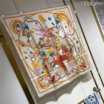 Hermes La Danse du Printemps Silk Sqaure Scarf 90x90cm White 2024 0304 (A-240304080)