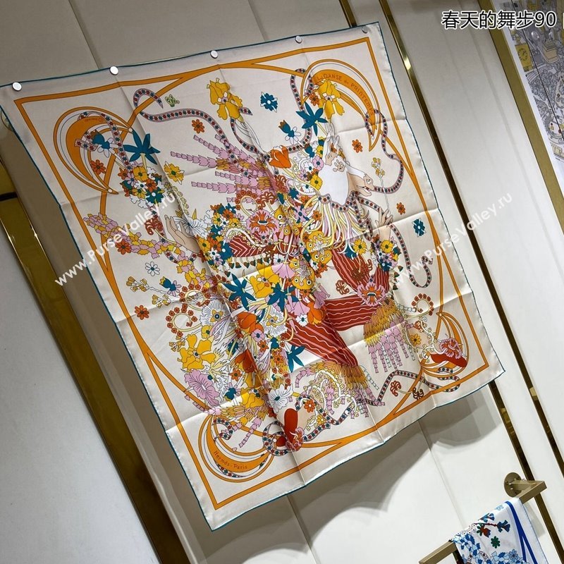 Hermes La Danse du Printemps Silk Sqaure Scarf 90x90cm White 2024 0304 (A-240304080)
