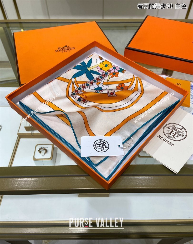 Hermes La Danse du Printemps Silk Sqaure Scarf 90x90cm White 2024 0304 (A-240304080)