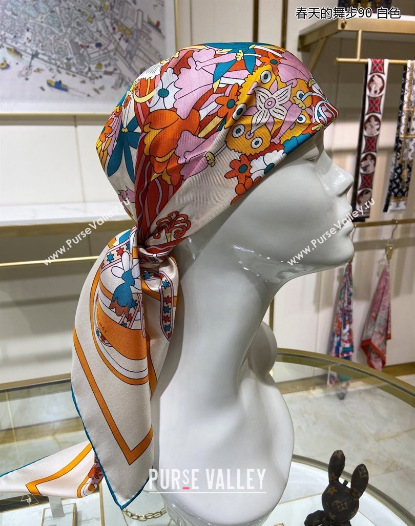 Hermes La Danse du Printemps Silk Sqaure Scarf 90x90cm White 2024 0304 (A-240304080)