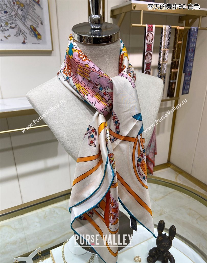 Hermes La Danse du Printemps Silk Sqaure Scarf 90x90cm White 2024 0304 (A-240304080)