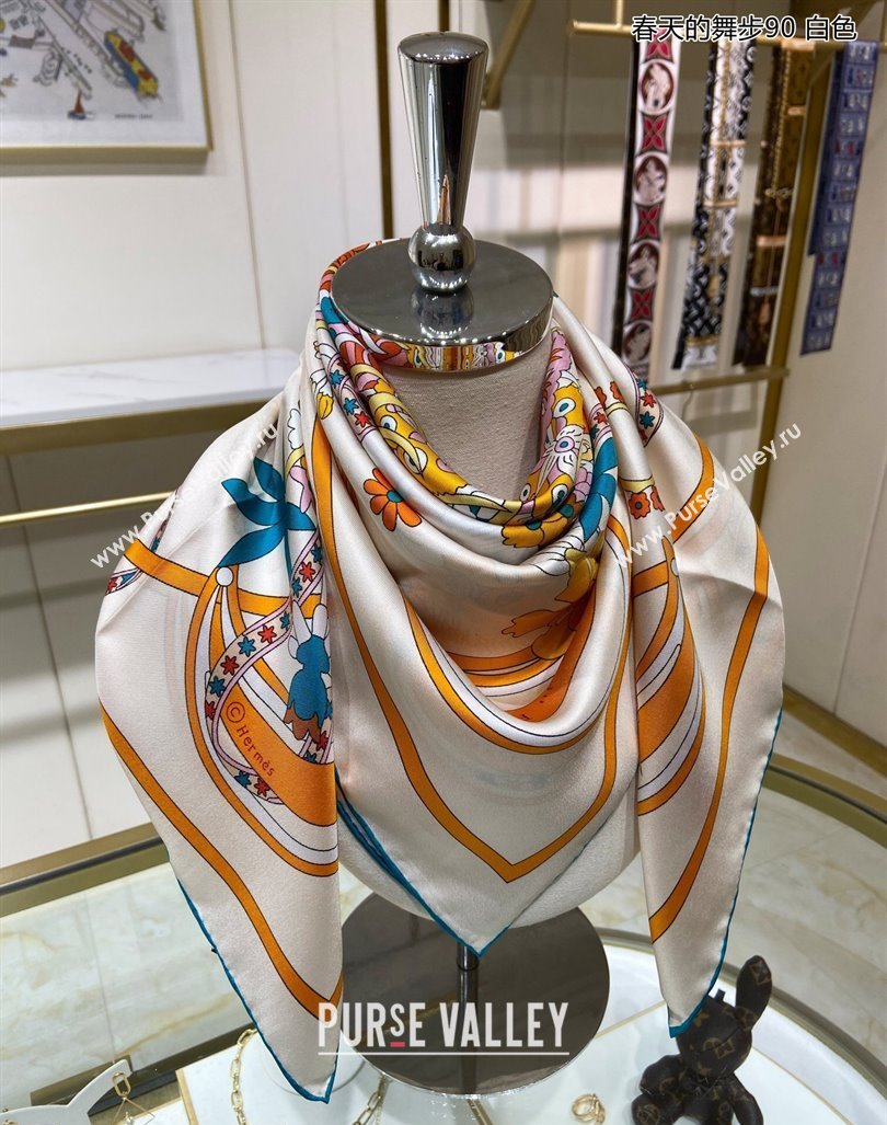 Hermes La Danse du Printemps Silk Sqaure Scarf 90x90cm White 2024 0304 (A-240304080)