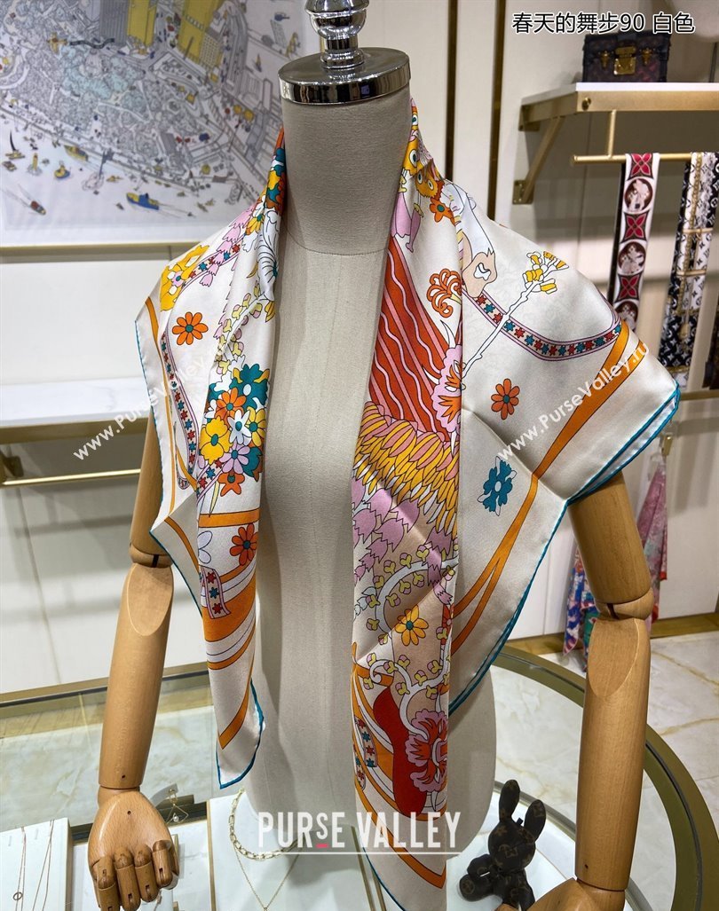 Hermes La Danse du Printemps Silk Sqaure Scarf 90x90cm White 2024 0304 (A-240304080)