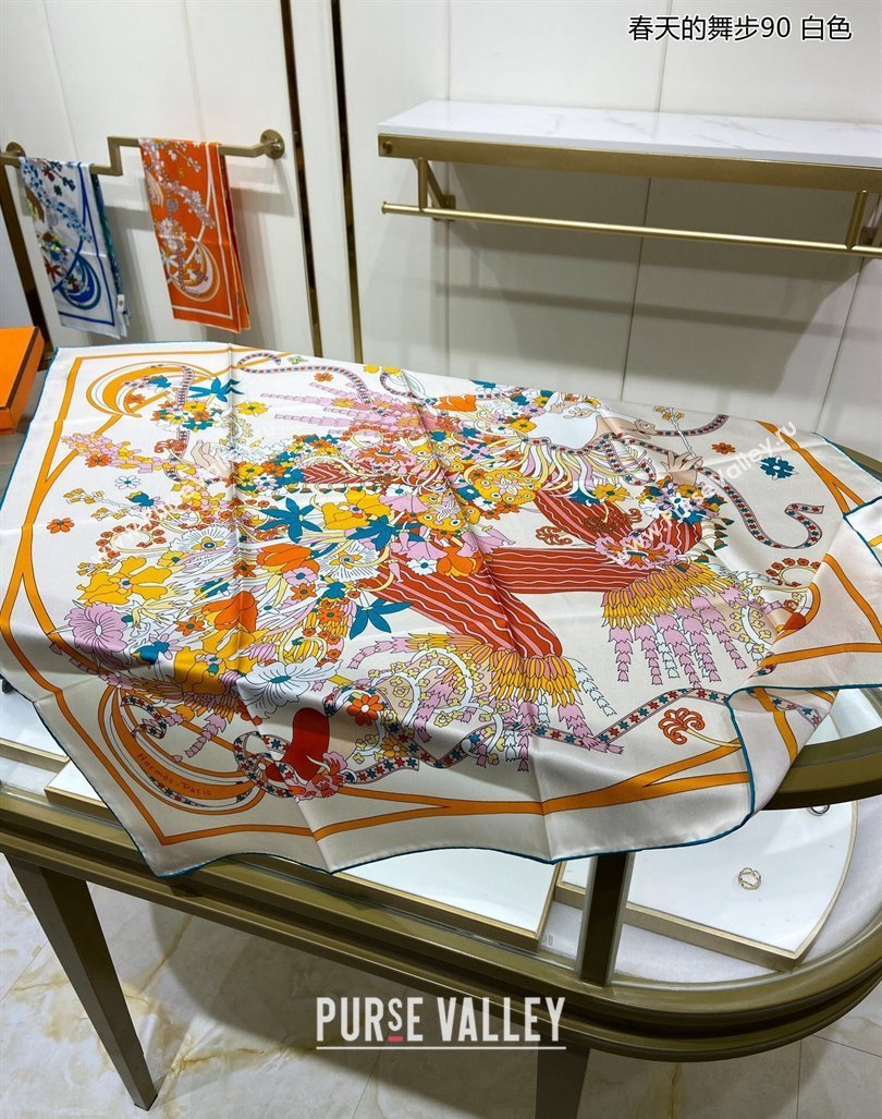 Hermes La Danse du Printemps Silk Sqaure Scarf 90x90cm White 2024 0304 (A-240304080)