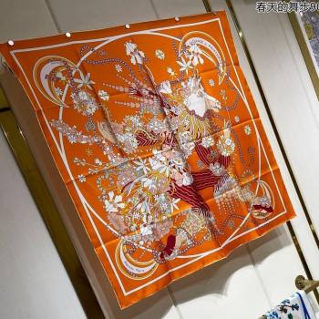 Hermes La Danse du Printemps Silk Sqaure Scarf 90x90cm Orange 2024 0304 (A-240304081)