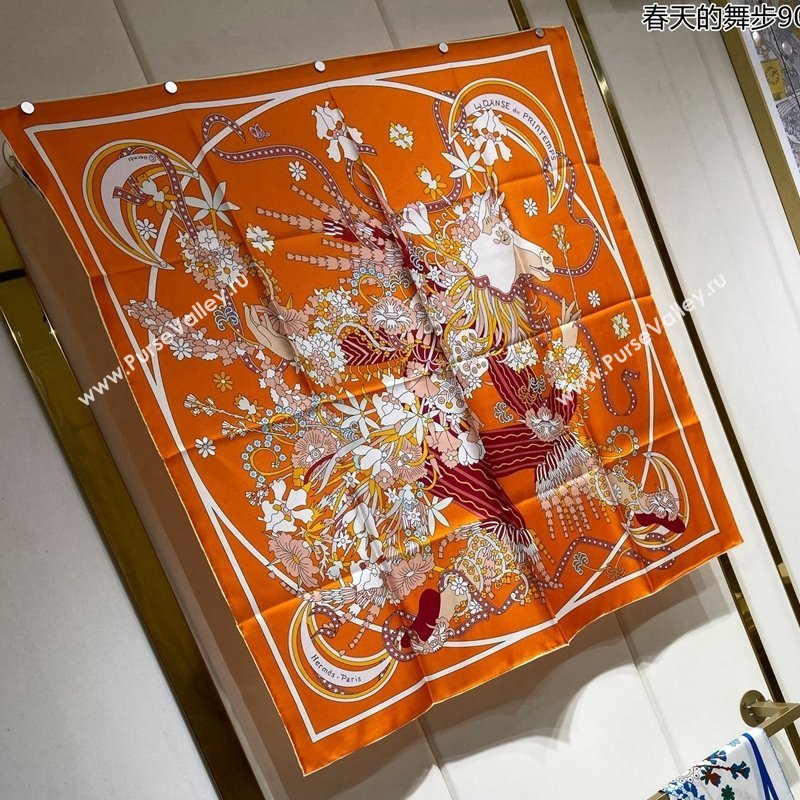 Hermes La Danse du Printemps Silk Sqaure Scarf 90x90cm Orange 2024 0304 (A-240304081)