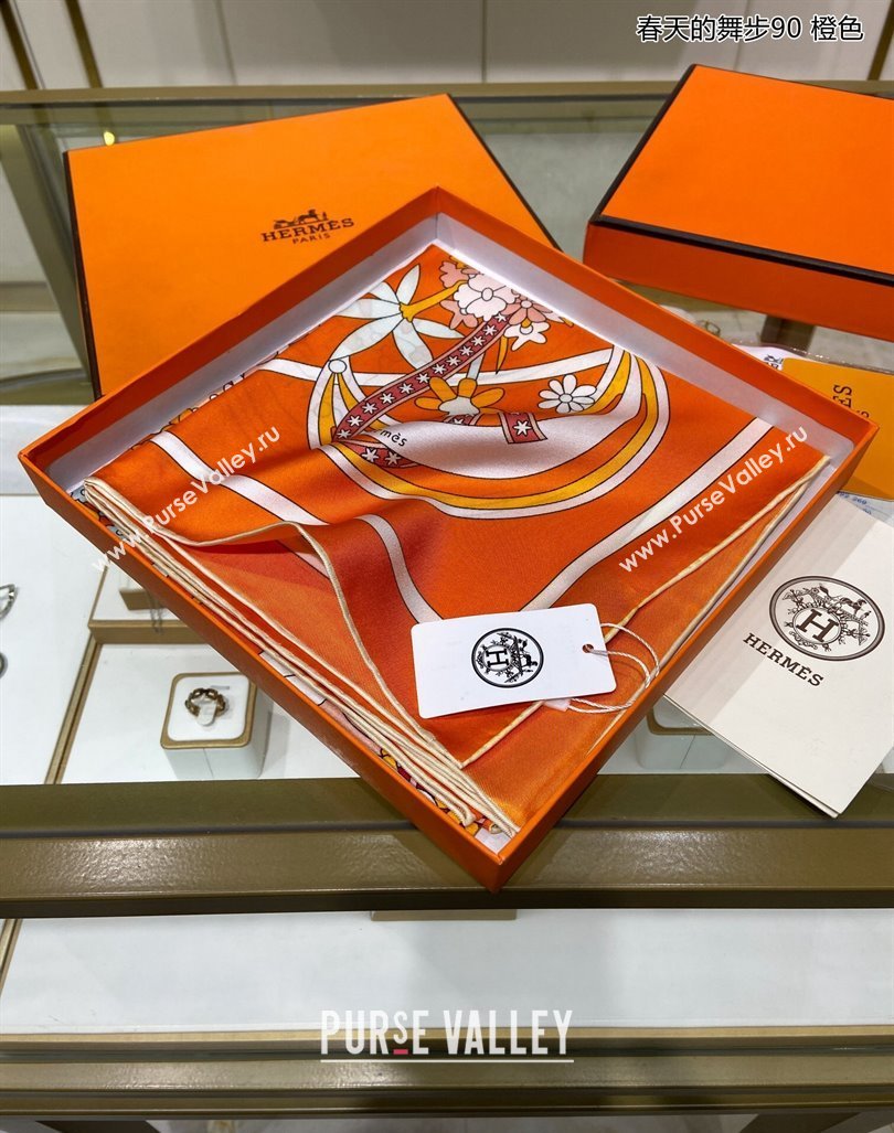 Hermes La Danse du Printemps Silk Sqaure Scarf 90x90cm Orange 2024 0304 (A-240304081)