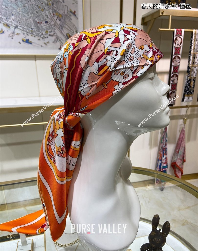 Hermes La Danse du Printemps Silk Sqaure Scarf 90x90cm Orange 2024 0304 (A-240304081)