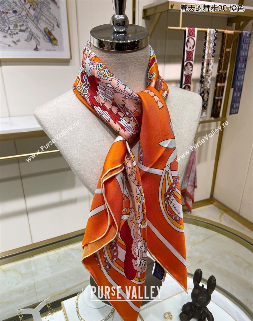 Hermes La Danse du Printemps Silk Sqaure Scarf 90x90cm Orange 2024 0304 (A-240304081)