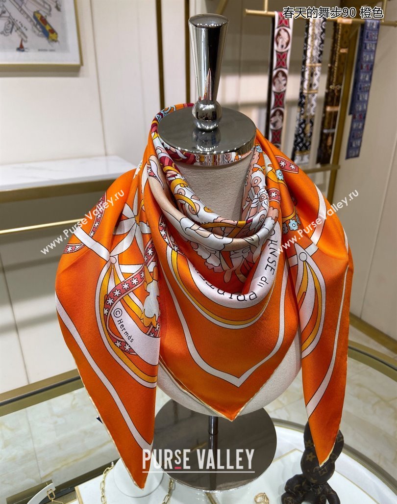 Hermes La Danse du Printemps Silk Sqaure Scarf 90x90cm Orange 2024 0304 (A-240304081)