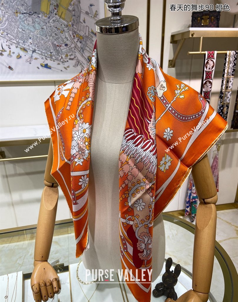 Hermes La Danse du Printemps Silk Sqaure Scarf 90x90cm Orange 2024 0304 (A-240304081)