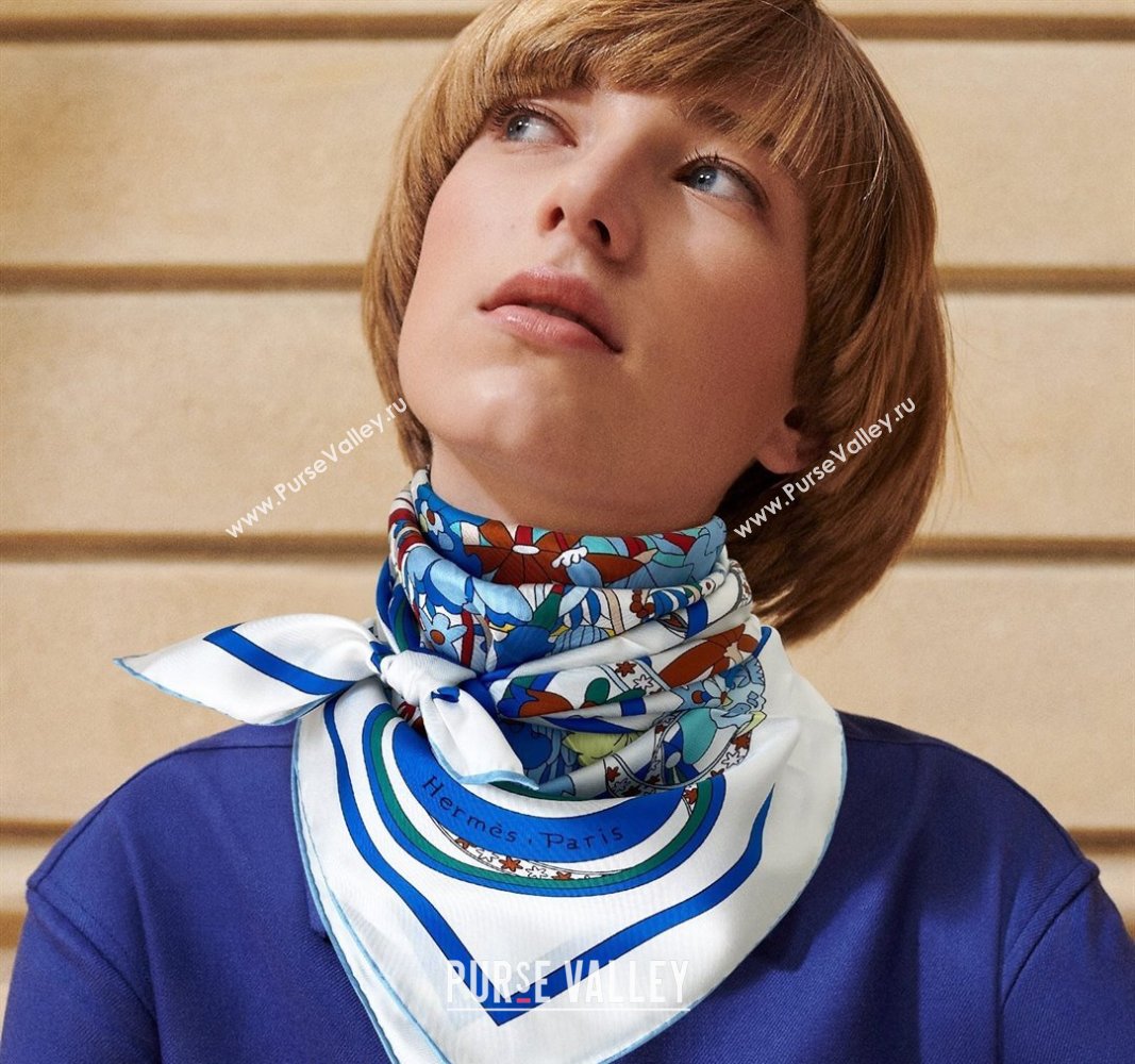 Hermes La Danse du Printemps Silk Sqaure Scarf 90x90cm Blue 2024 0304 (A-240304082)