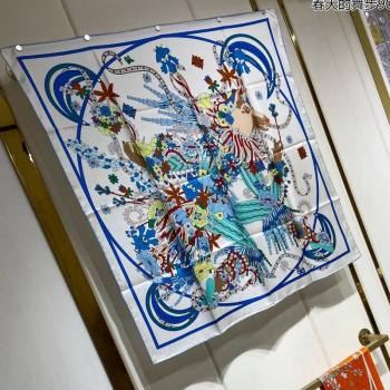 Hermes La Danse du Printemps Silk Sqaure Scarf 90x90cm Blue 2024 0304 (A-240304082)