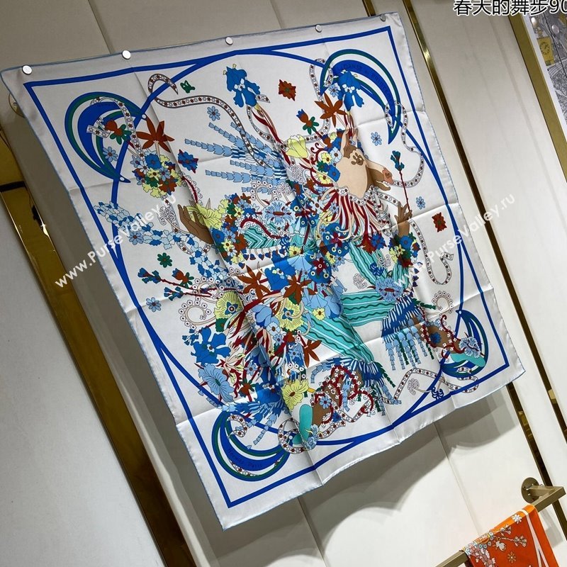 Hermes La Danse du Printemps Silk Sqaure Scarf 90x90cm Blue 2024 0304 (A-240304082)