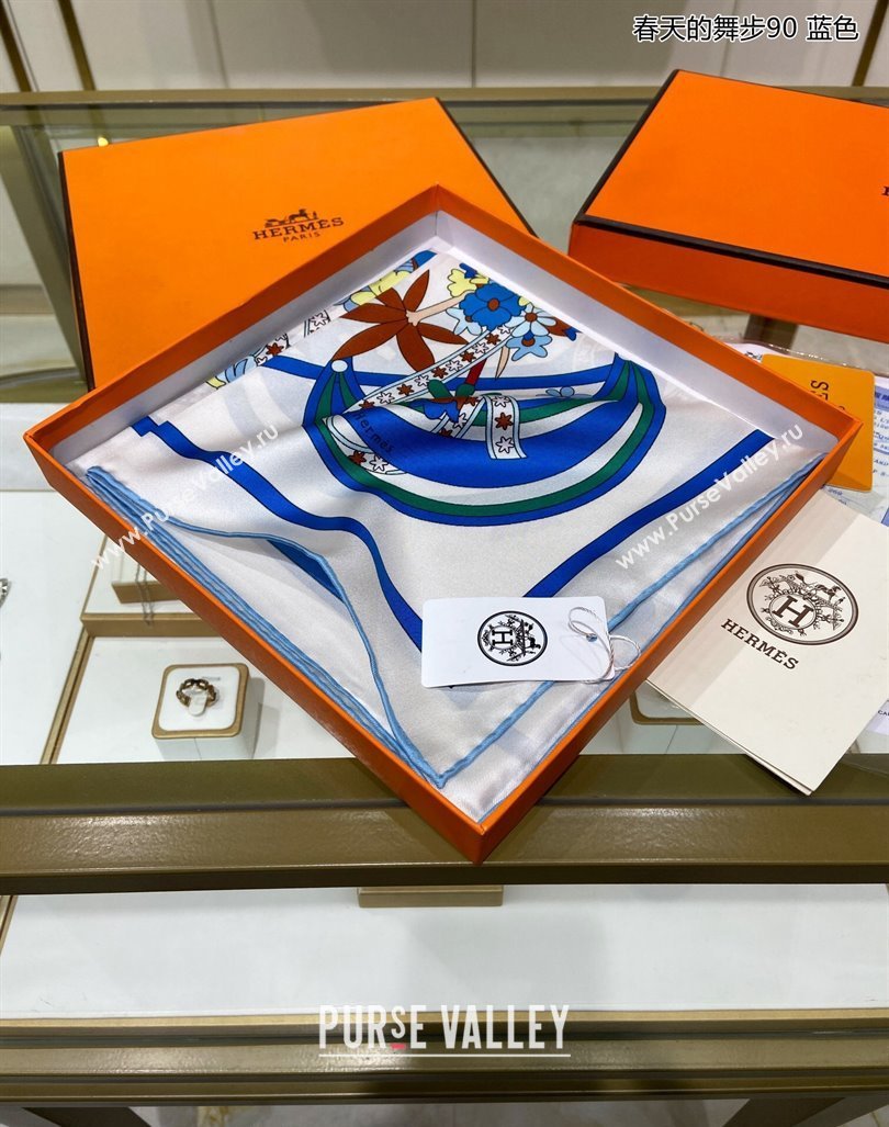 Hermes La Danse du Printemps Silk Sqaure Scarf 90x90cm Blue 2024 0304 (A-240304082)